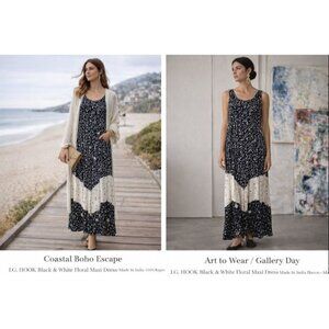 J.G. Hook Black White Floral Maxi Dress Rayon M Boho Coastal Gallery Chic